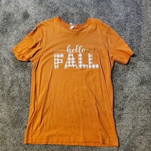 NEW Screenprinted T-shirt "Hello Fall" Pumpkin Color Bella Canvas Small